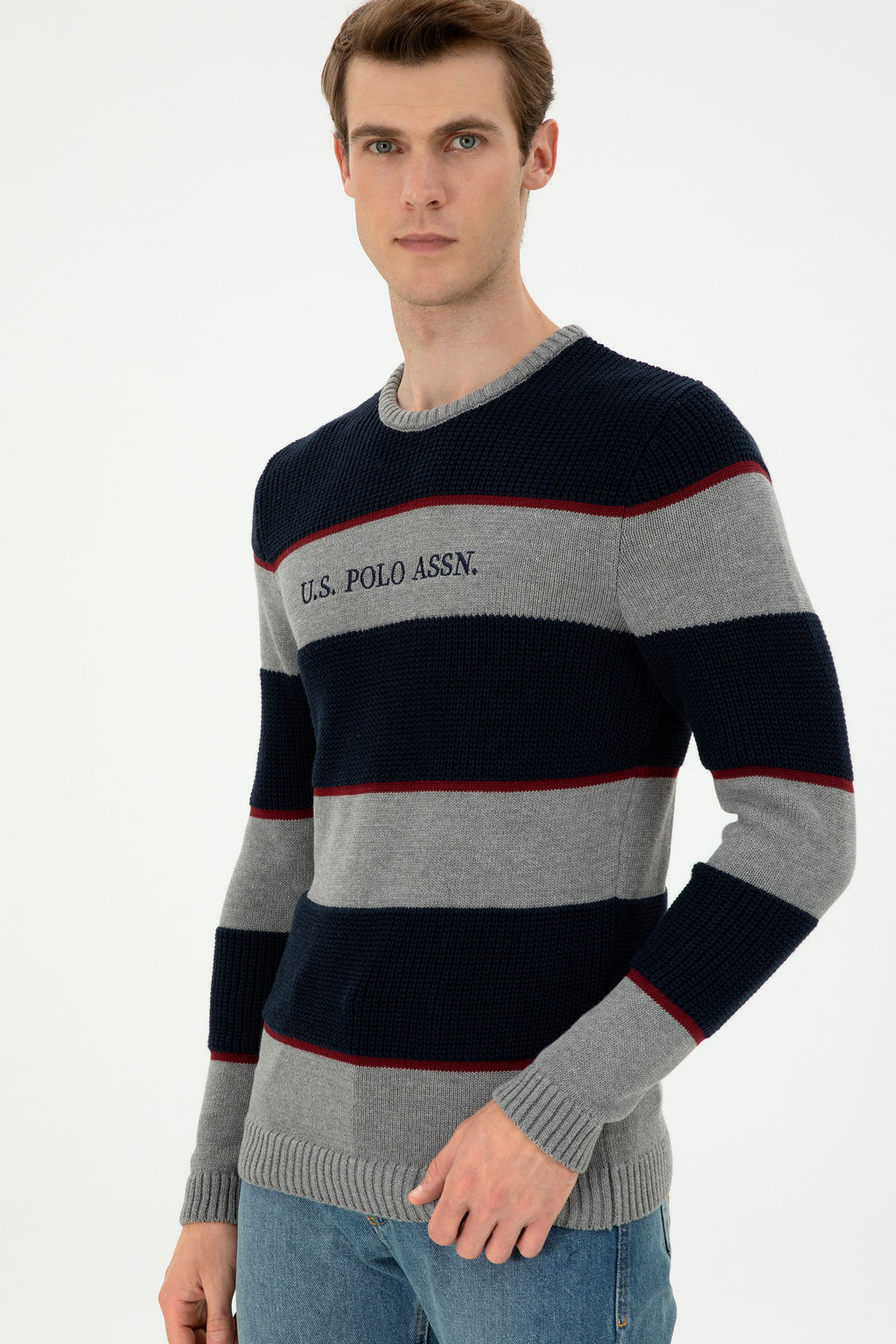 Erkek Slim Fit Bisiklet Yaka Gri Melanj Kazak - U.s. polo assn фото 10