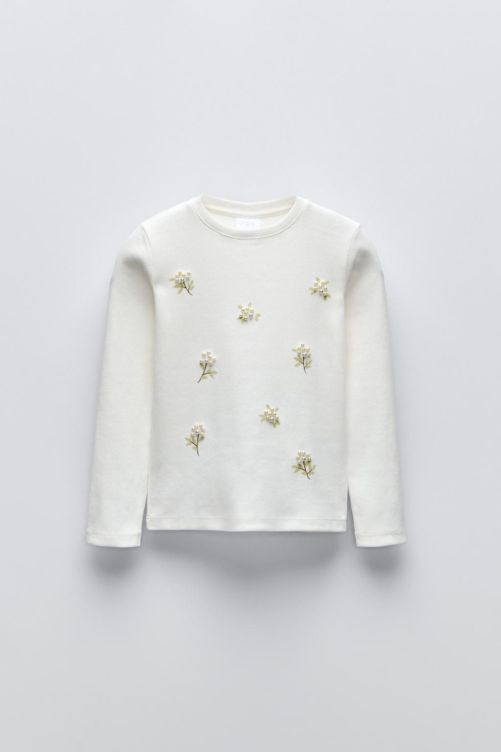 FLORAL FAUX PEARL RIBBED T-SHIRT