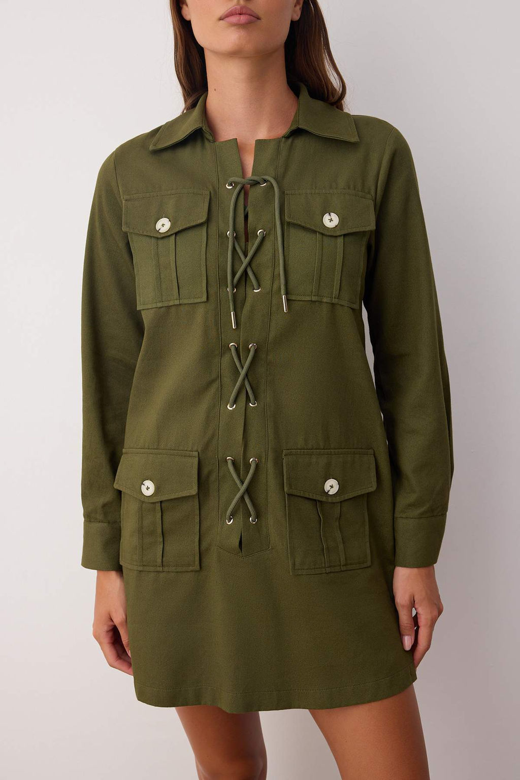 Haki Kus Gozu Baglama Detayl? K?sa / Mini Dokuma Elbise TWOAW26EL00066