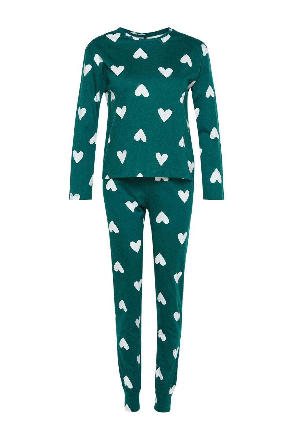 Zumrut Yesili %100 Pamuklu Kalpli Orme Pijama Tak?m? THMAW21PT0566