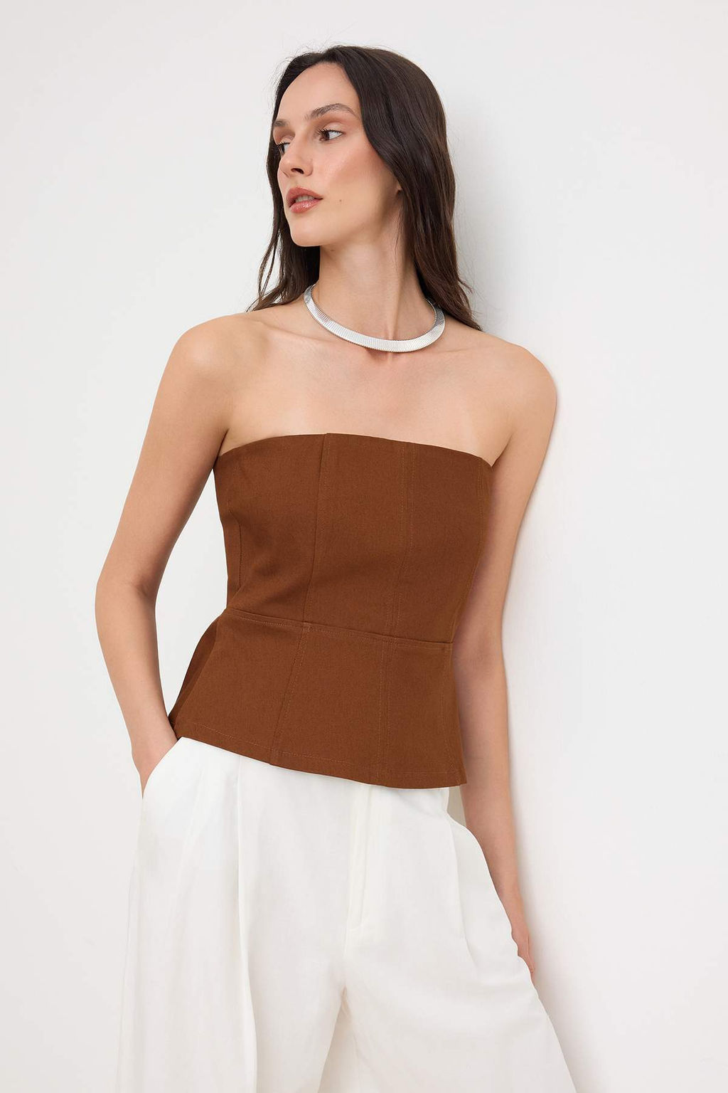Kahverengi Dikis Detayl? Peplum Gabardin Dokuma Bluz TWOSS26BZ00448