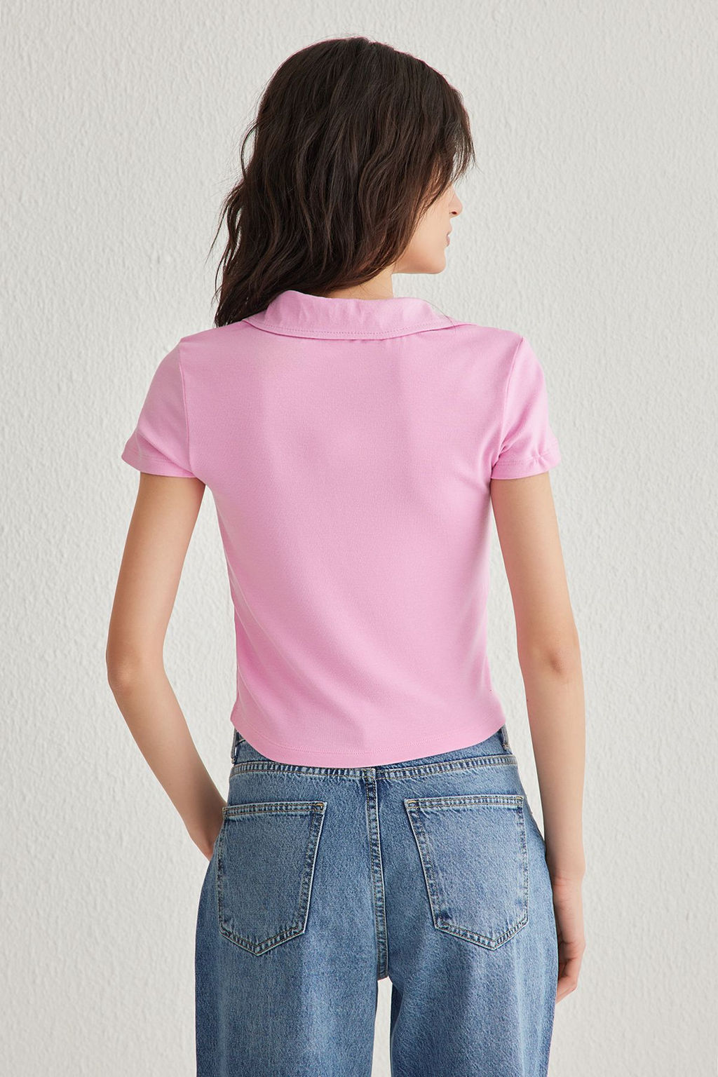 Ac?k Pembe Duz Fitted/Vucuda Oturan Polo Yaka Orme Bluz TWOSS25BZ00003