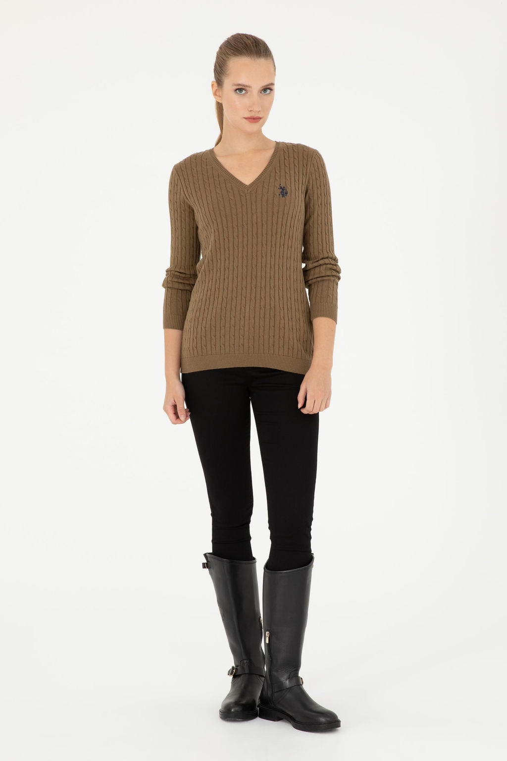 Женский базовый свитер темно-хаки с v-образным вырезом Неожиданная скидка в корзине - U.s. polo assn фото 4