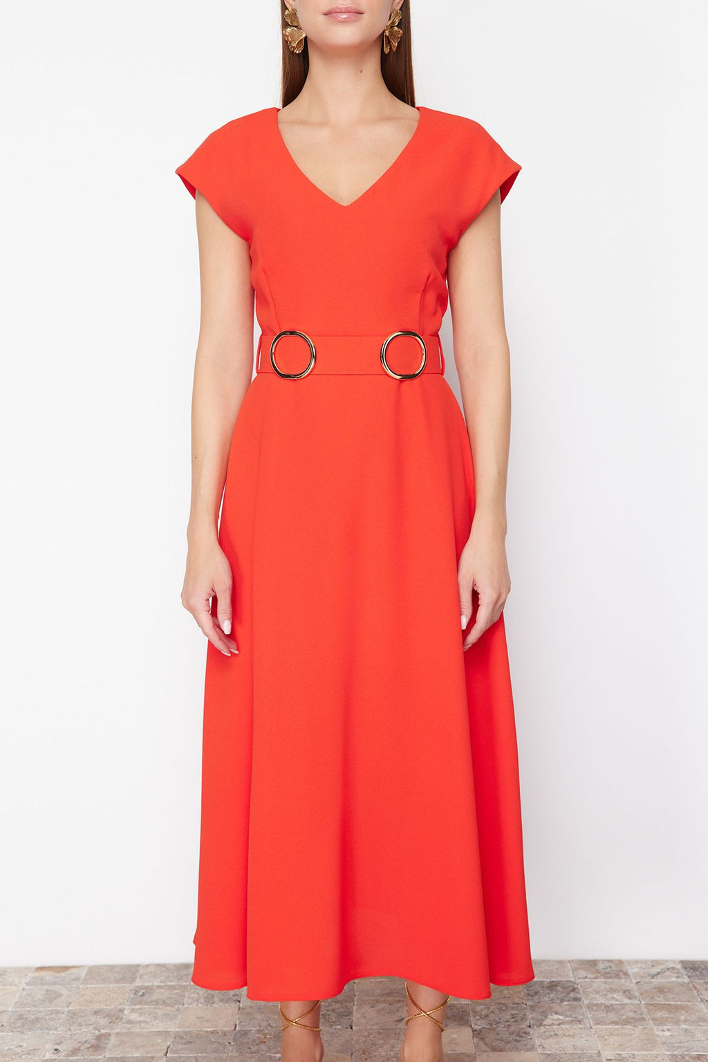 K?rm?z? Kemerli Etegi Belden Ac?lan Midi Krep Dokuma Elbise TWOSS24EL00018 - Trendyolmilla фото 4