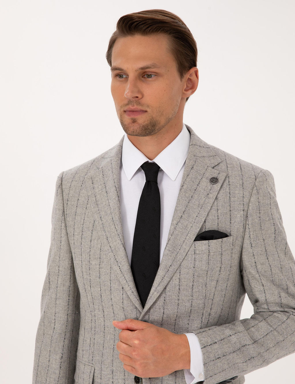 Gri Slim Fit Y_n Ka_mir Kar___ml_ _izgili Tak_m Elbise