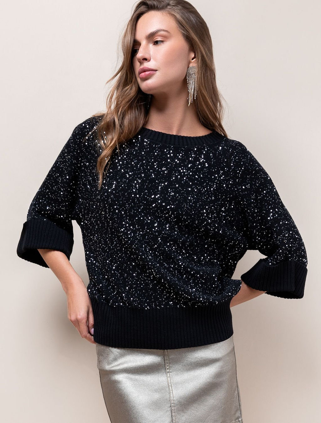 VILATTE / Свободный джемпер крупной вязки с пайетками  фото 5