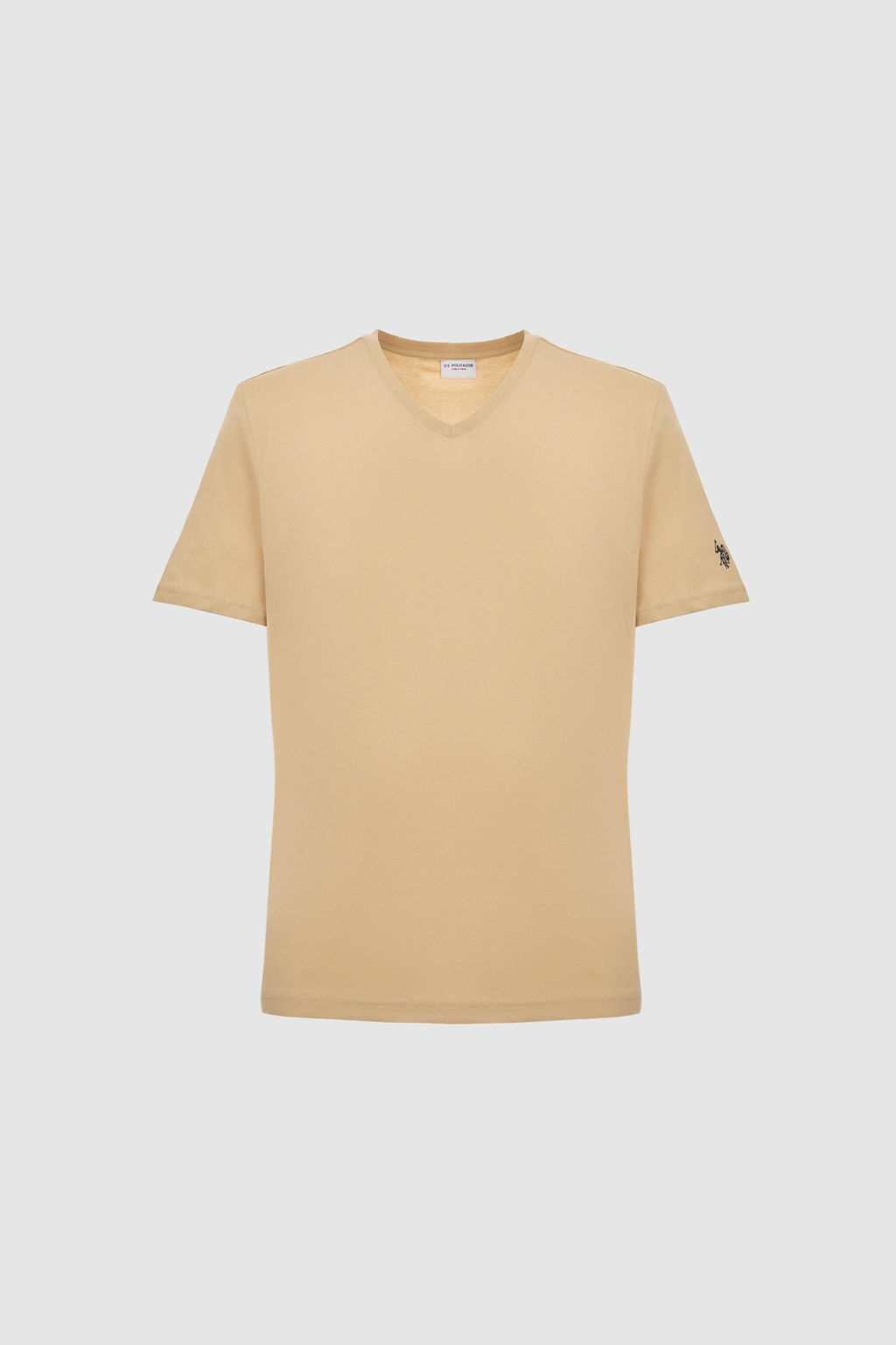 Erkek Regular Fit V Yaka Bej Basic Ti__rt
