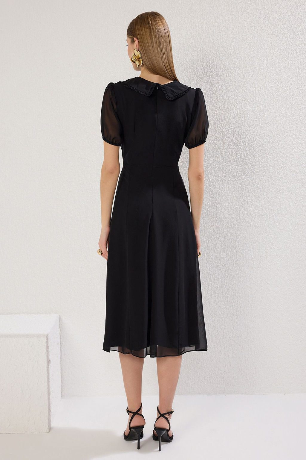 Siyah A Kesim Yaka Detayl? Astarl? Sifon Ucus Ucus Dokuma Midi Elbise TWOSS25EL00256