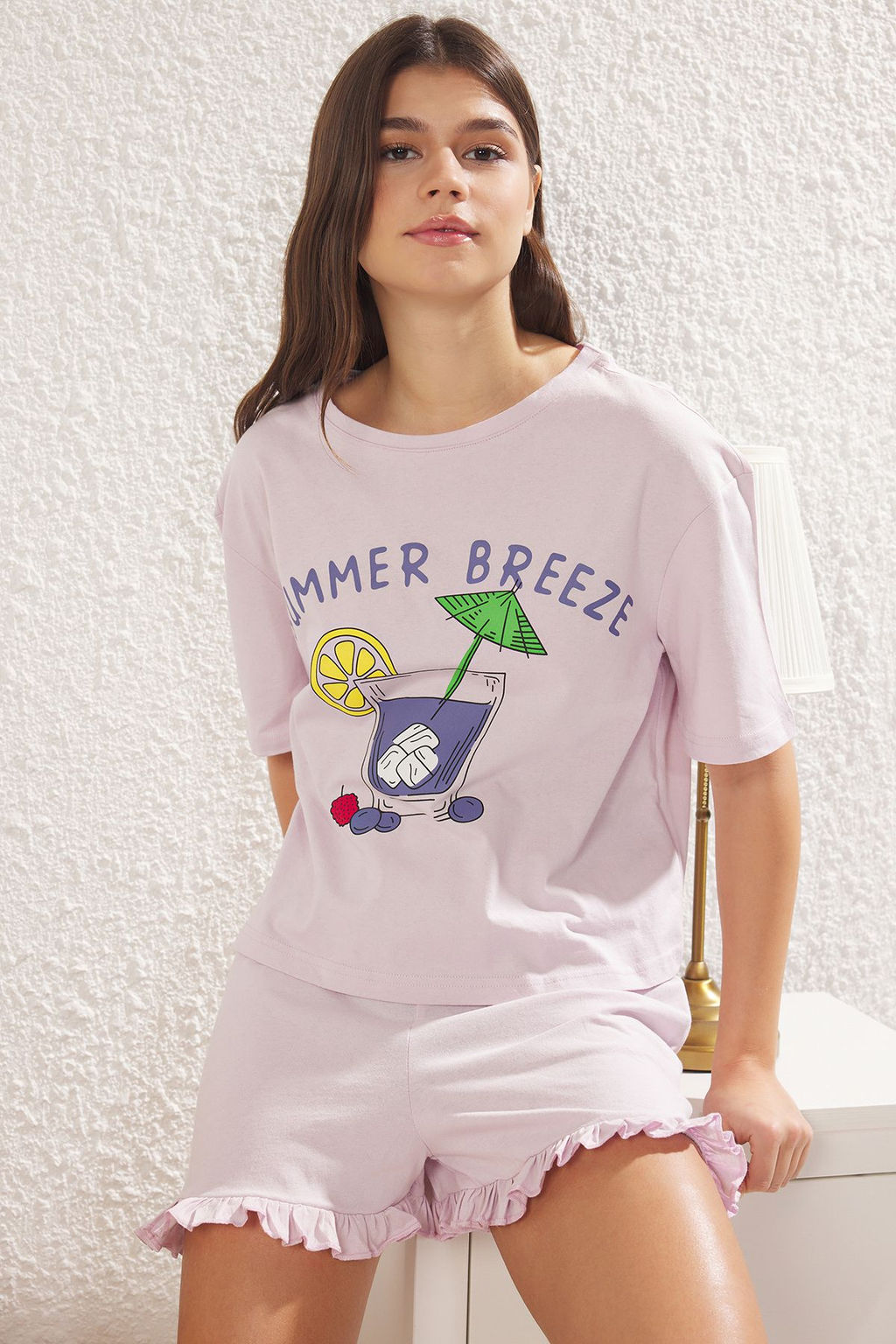 Trendyolmilla Lila %100 Pamuklu Yaz Temal? F?rf?rl? Sortlu Orme Pijama Tak?m? THMSS25PT00147  фото 4