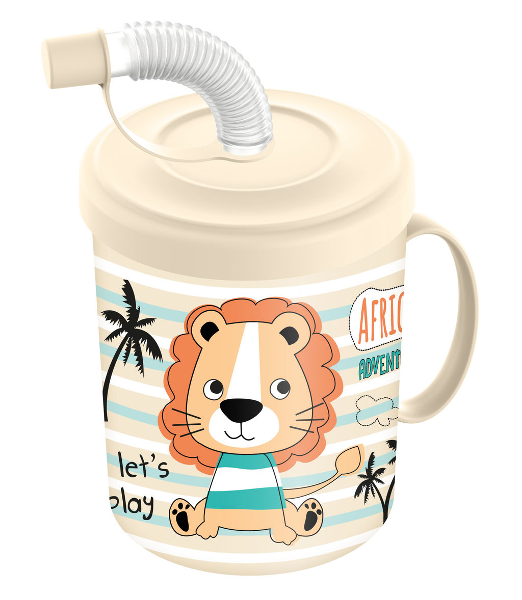 Цена за 2 шт. Кружка детская с крышкой, трубочкой и колпачком 300мл с декором"Львенок"(светло-бежевый)221502025/01