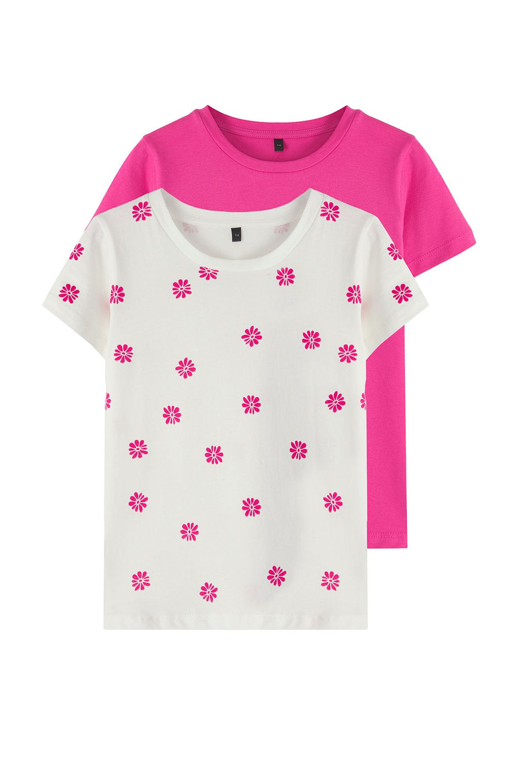 Fusya-Ekru 2li K?z Cocuk %100 Pamuk Cicekli K?sa Kol Orme T-Shirt TKDSS25TS00092