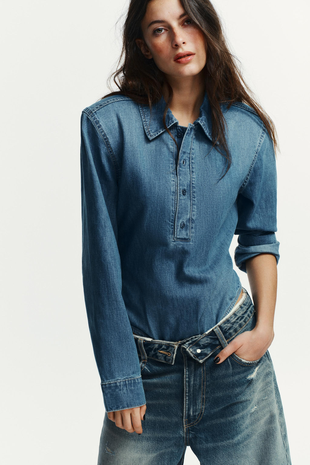 SHIRT-STYLE BODYSUIT WITH SHOULDER PADS