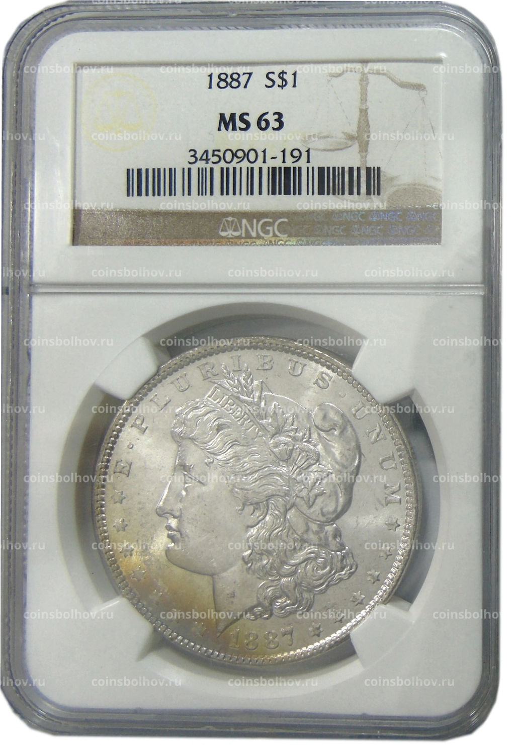 1 доллар 1887 года США Доллар Моргана (в слабе NGC MS 63)