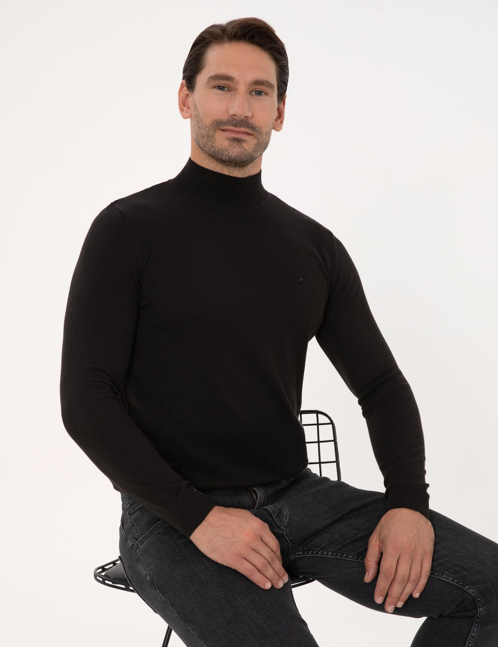 Siyah Slim Fit Pamuk Kar___ml_ Yar_m Bal_k__ Yaka Basic Triko Kazak - Cacharel фото 3