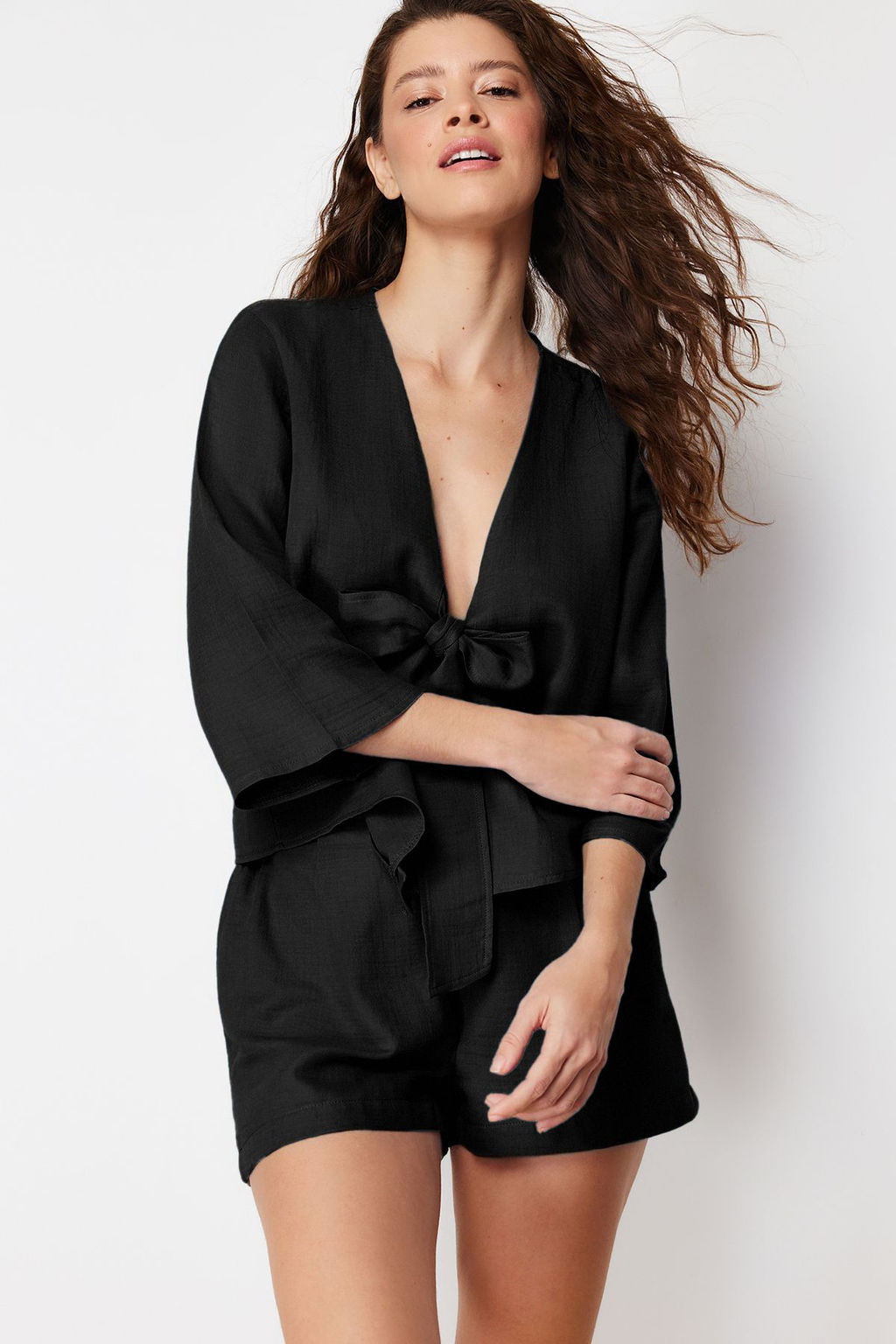 Trendyolmilla Mavi %100 Pamuklu Baglama/Kurdele/Fiyonk Detayl? Muslin Sortlu Dokuma Pijama Tak?m? THMSS24PT00077 фото 19