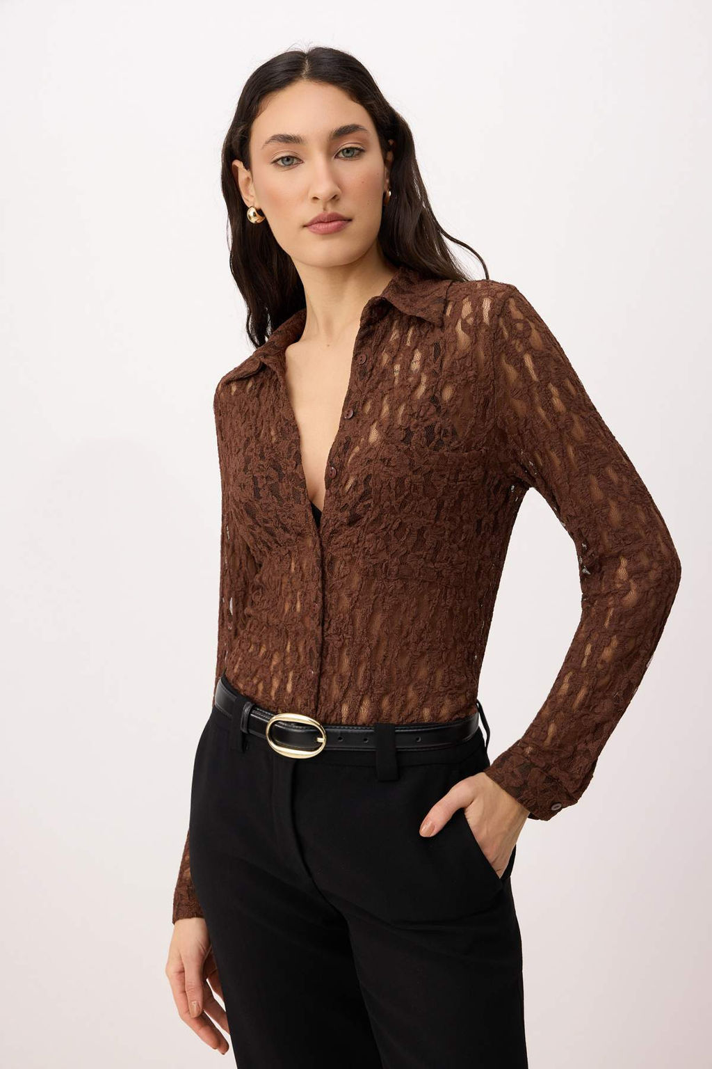 Kahverengi Duz Fitted/Vucuda Oturan Gomlek Yaka Uzun Kol Dantel Orme Gomlek TWOSS26GO00173