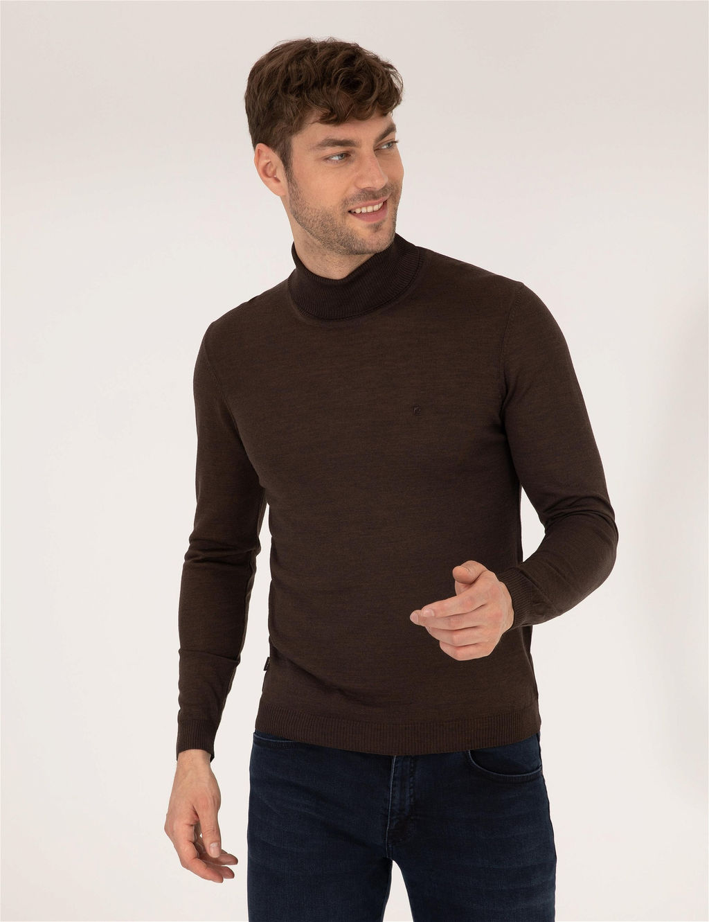 Kahverengi Slim Fit Bal_k__ Yaka Y_n Kar___ml_ Basic Triko Kazak - Pierre cardin фото 2