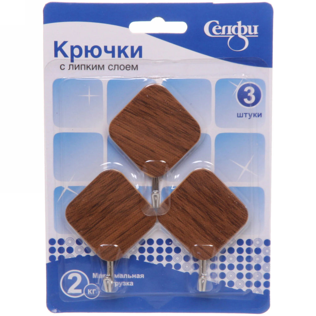 Цена за 5 шт. Крючки в наборе 3шт на липком слое "ИДЕЯДОМА", форма ромб, принт тёмное дерево, нагрузка 2кг