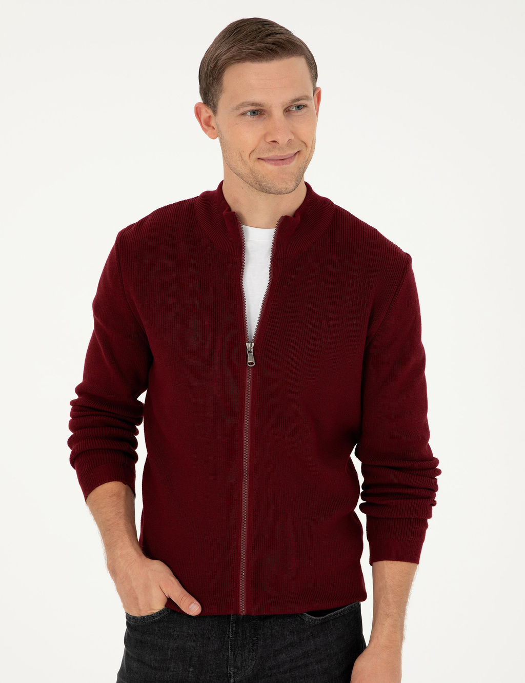 Бордово-красный приталенный трикотажный кардиган - Cacharel фото 4