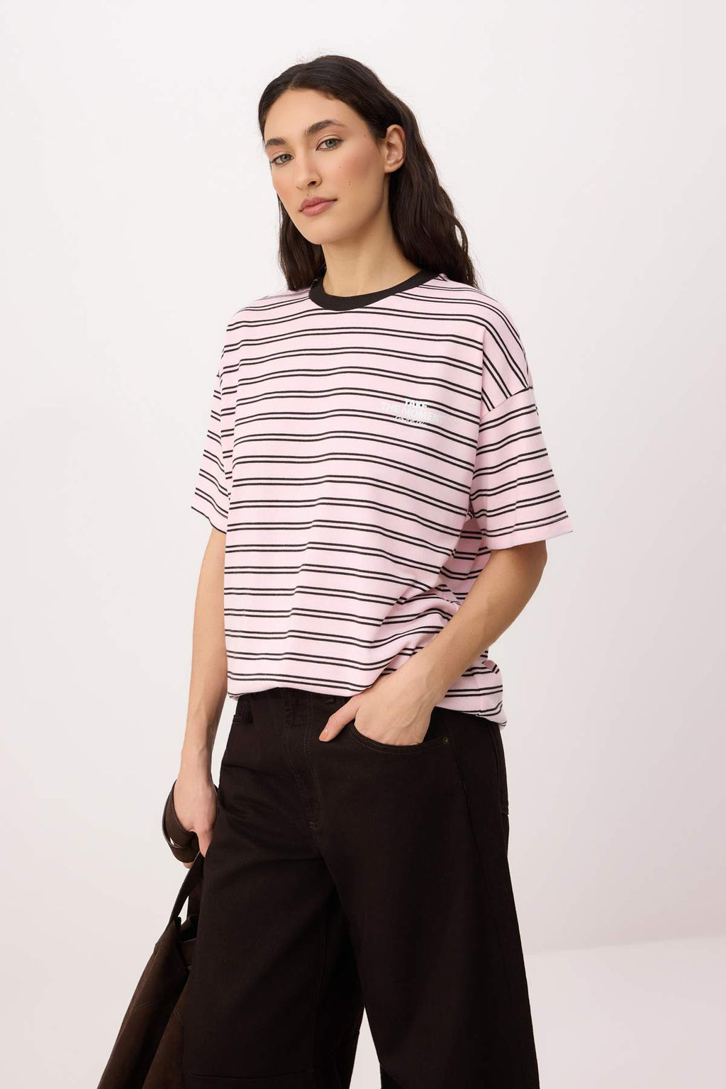 Pembe Cizgili Oversize/Genis Kal?p Dusuk Kol K?sa Kollu Tok %100 Pamuk Orme T-Shirt TWOSS26TS00152 - Trendyolmilla фото 2