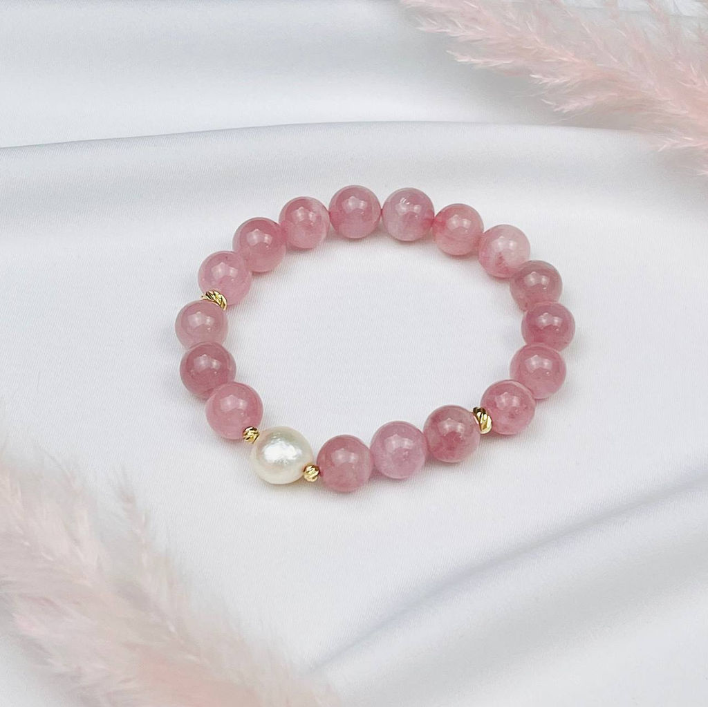 Браслет из Розового кварца и Жемчуга 18 см
