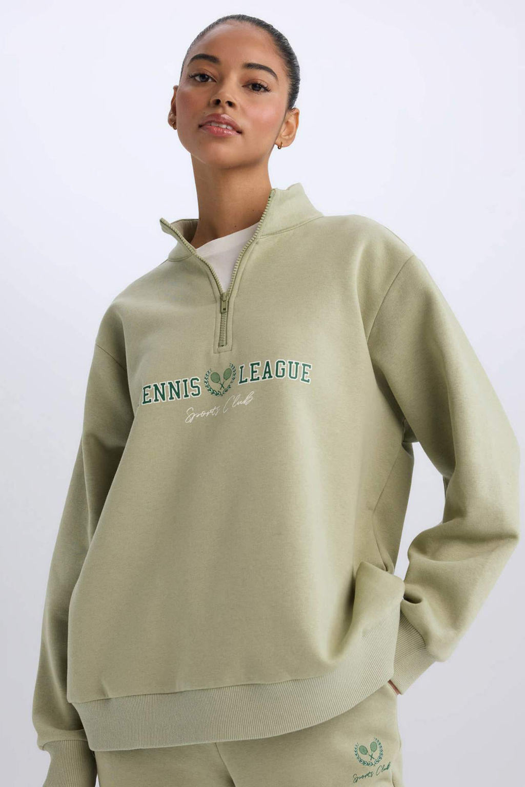 DeFactoFit Oversize Genis Kal?p Fermuarl? Dik Yaka Bask?l? Kal?n Spor Sweatshirt  фото 2