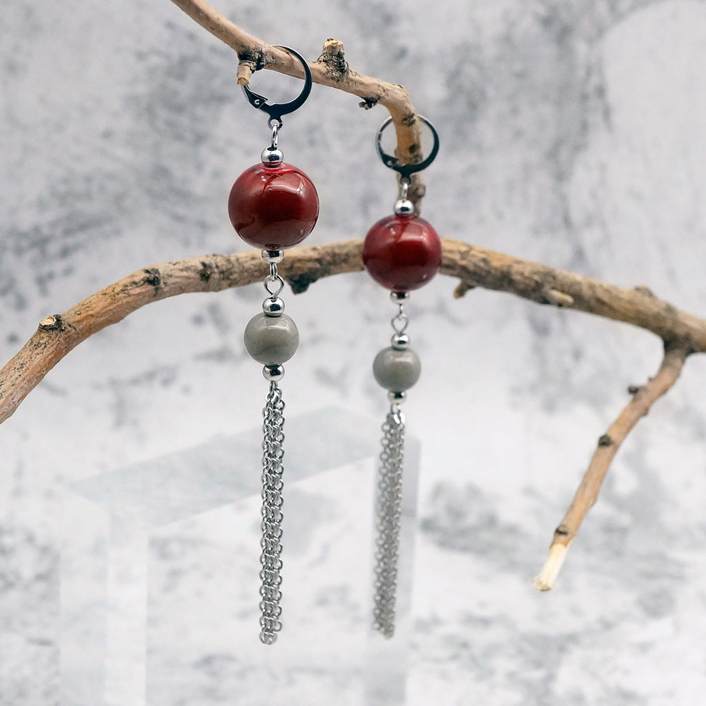 Серьги из муранского стекла LS3349/бордовый,серый