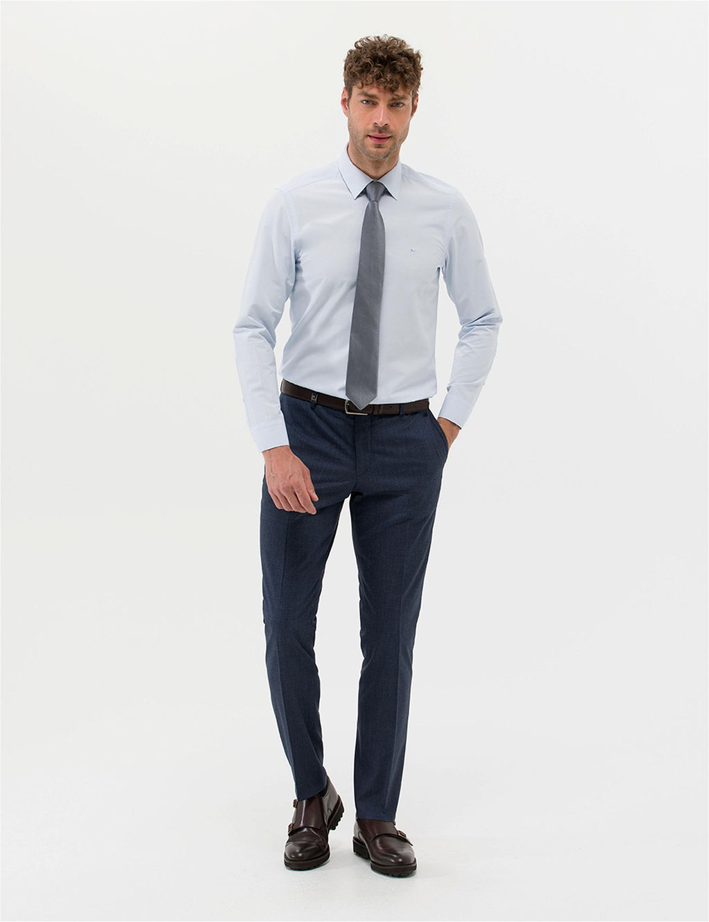 A__k Mavi Slim Fit Uzun Kollu Basic G_mlek