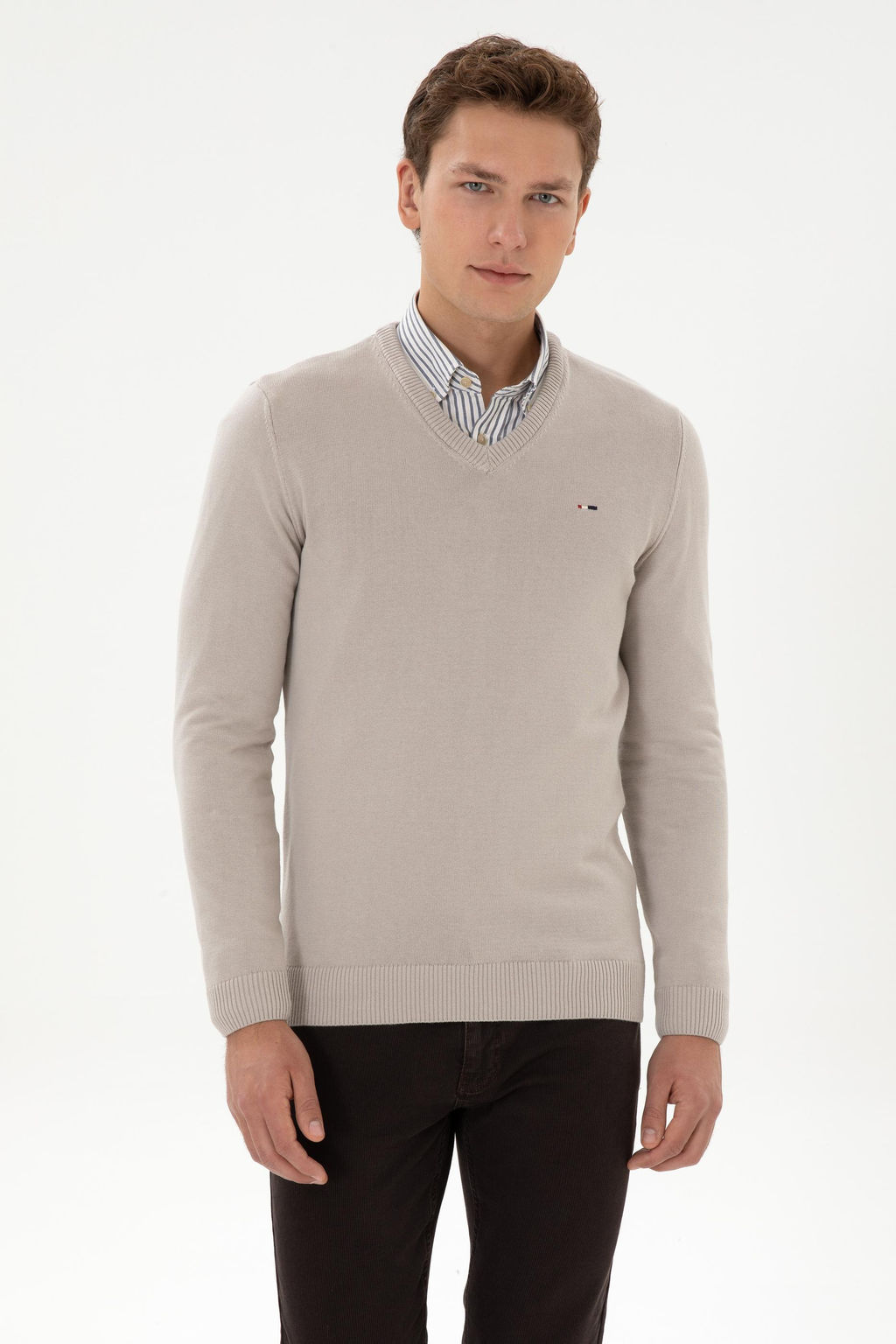 Erkek Slim Fit V Yaka Ta_ Basic Kazak