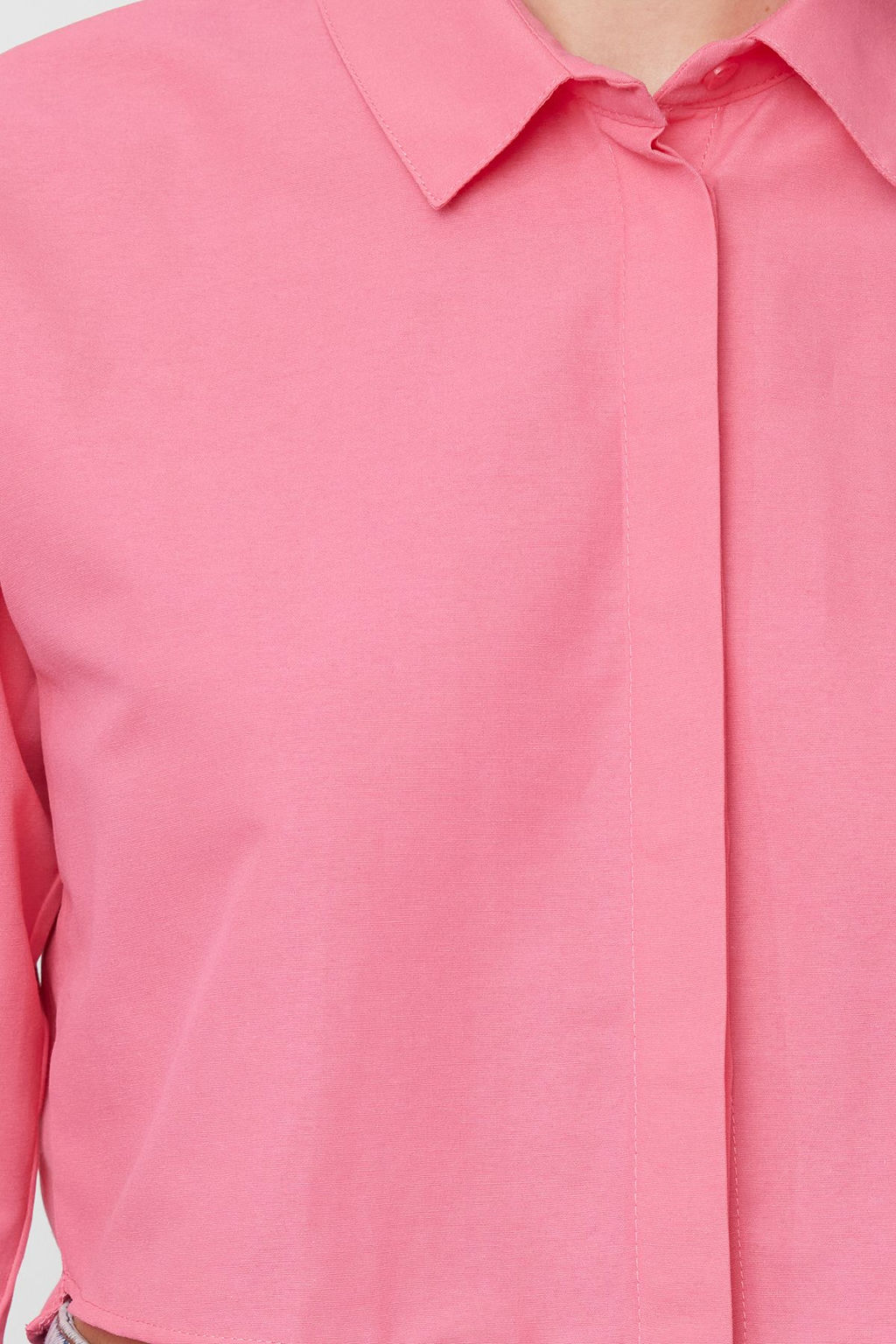 Pembe Crop Dokuma S?rt Dekolteli Keten Gorunumlu Plaj Gomlegi TBESS24GO00012