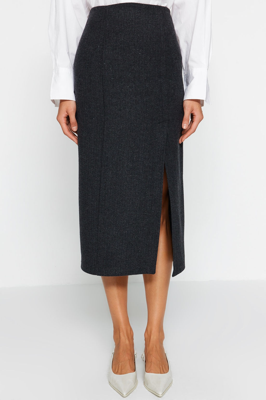 Siyah Kase Kumas Y?rtmac Detayl? Midi Dokuma Etek TWOAW24ET00231 - Trendyolmilla фото 4