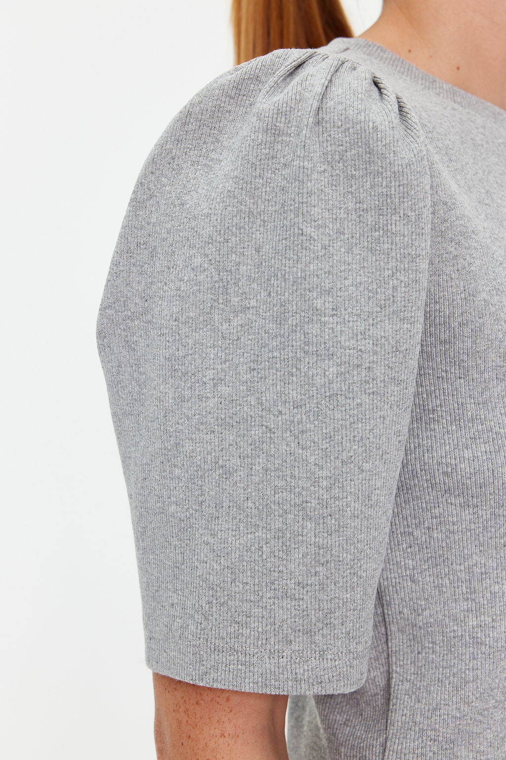 Gri Melanj Balon Kollu Bisiklet Yaka Fitilli Esnek Orme Bluz TWOSS24BZ00160