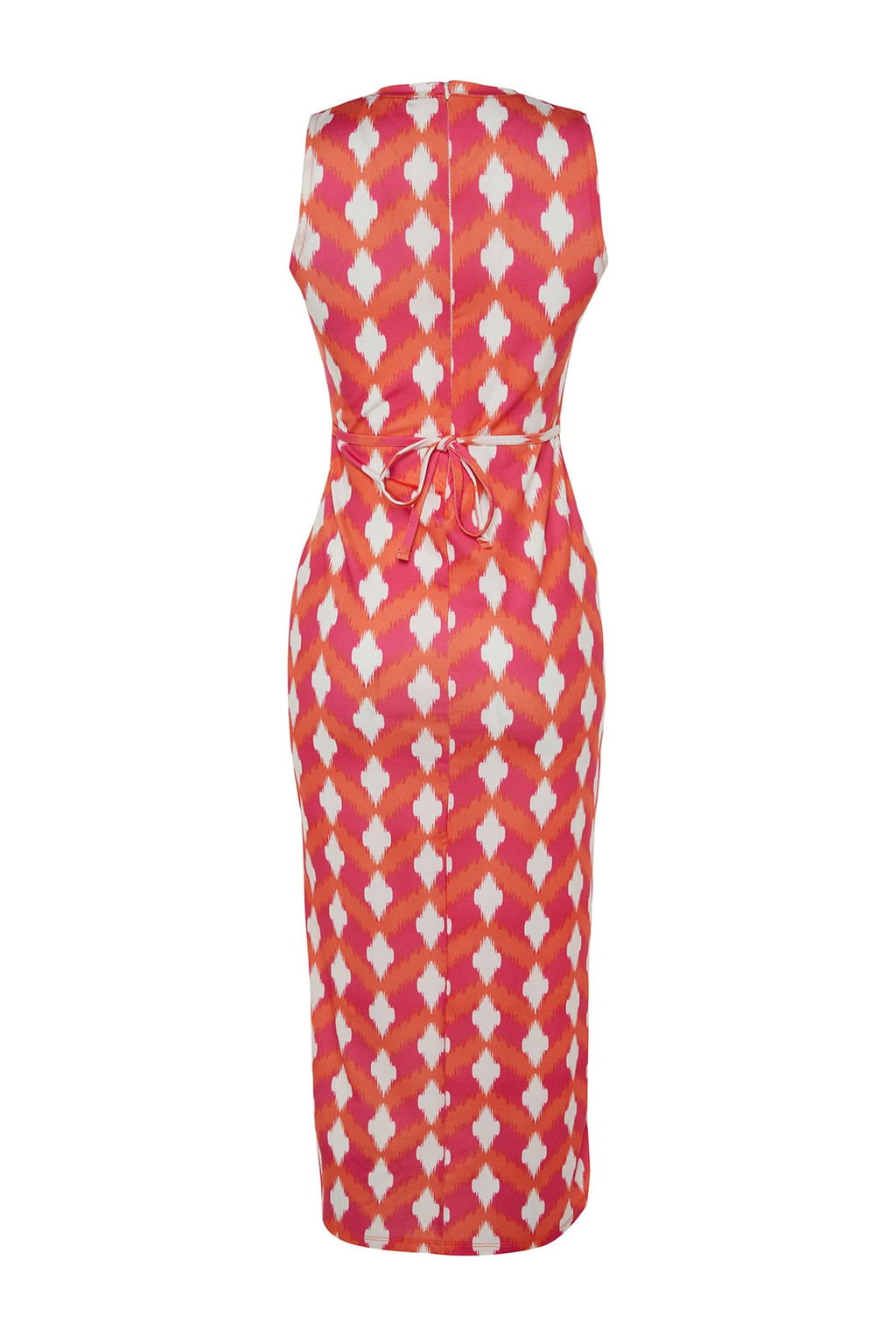 K?rm?z? Retro Desenli Cut Out Detayl? Vucuda Oturan Dik Yaka Orme Kalem Elbise TWOSS23EL02166