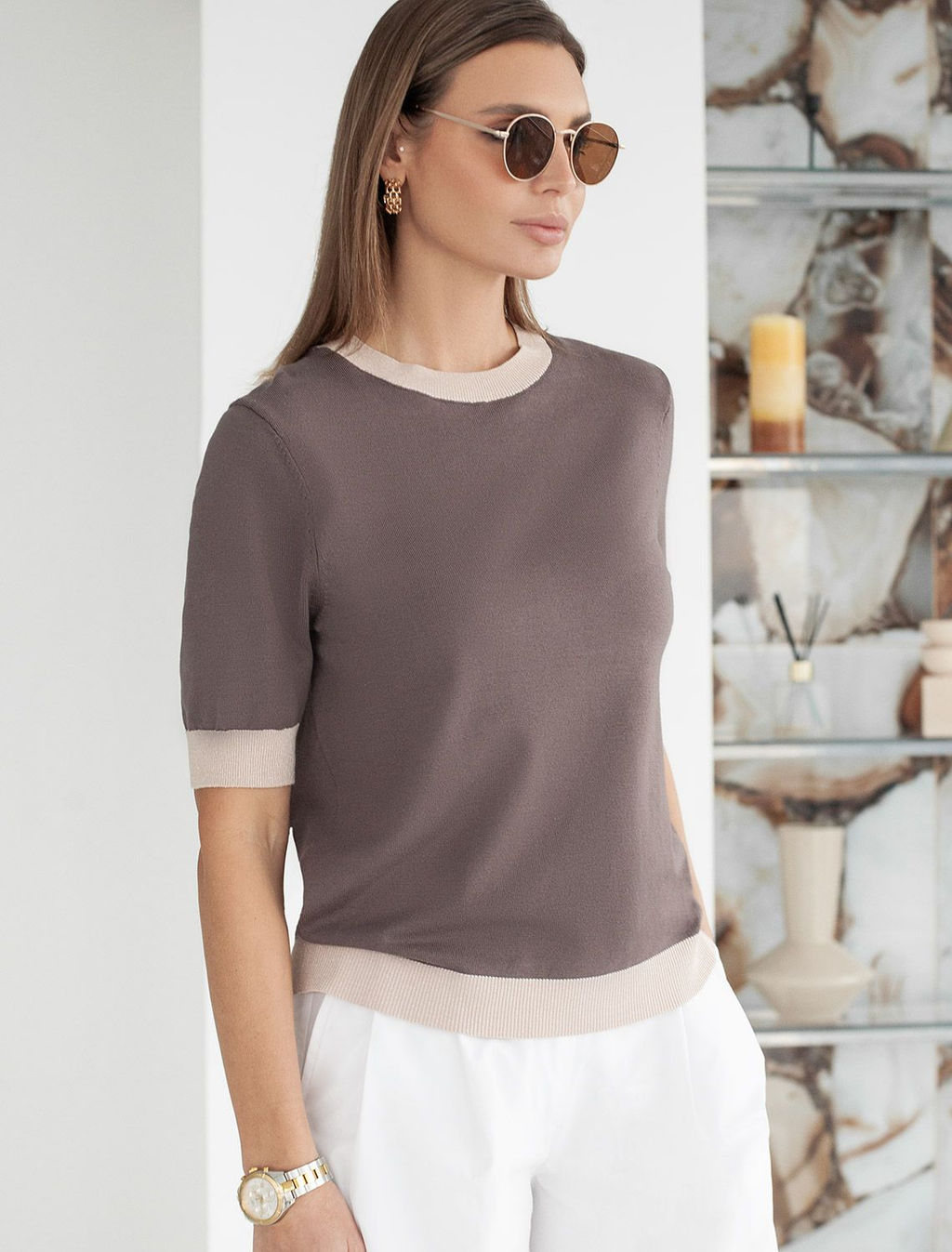 Джемпер с коротким рукавом тонкой вязки из вискозы с люрексом