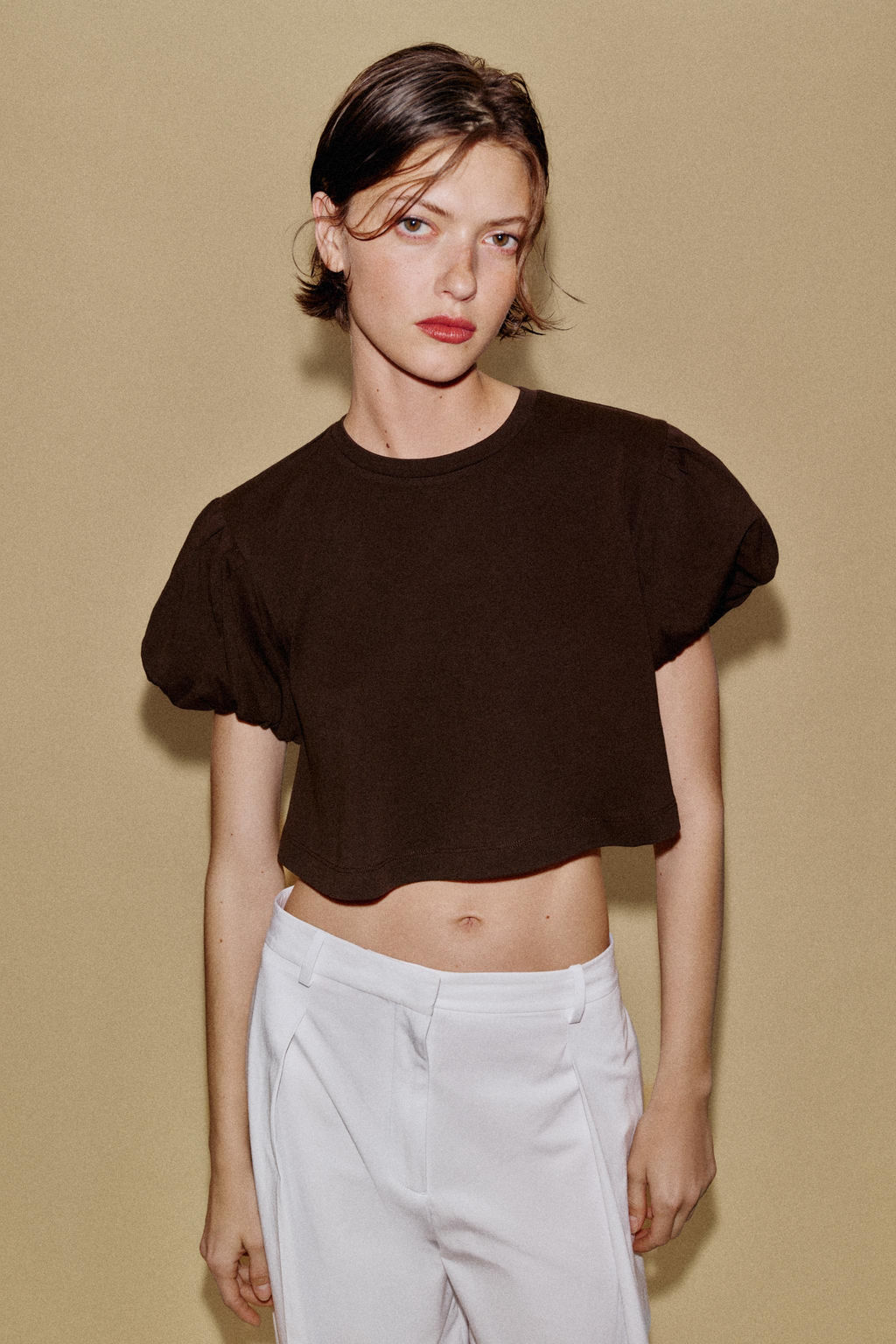CAMISETA CROP MANGA VOLUMEN / Chocolate - Zara фото 5