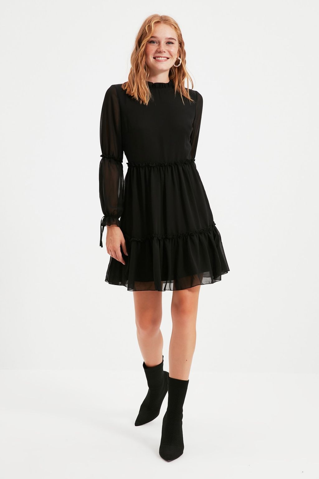 Trendyolmilla Mavi Duz Belden Ac?lan Dik Yaka Buzgulu Mini Astarl? Dokuma K?sl?k Elbise TWOAW20EL0345  фото 8