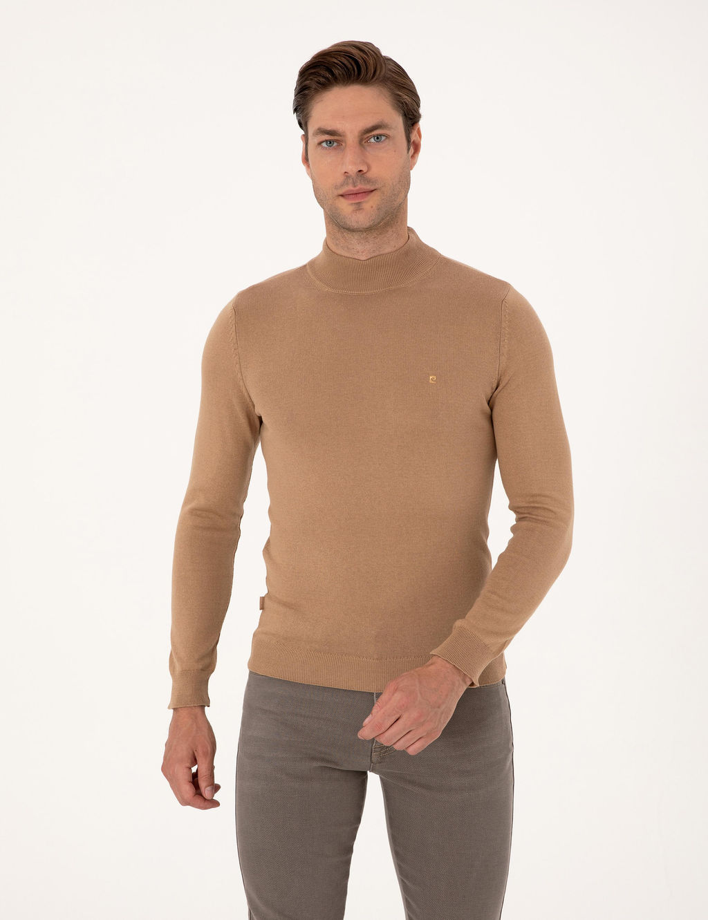 Camel Slim Fit Yar_m Bal_k__ Yaka Basic Triko Kazak