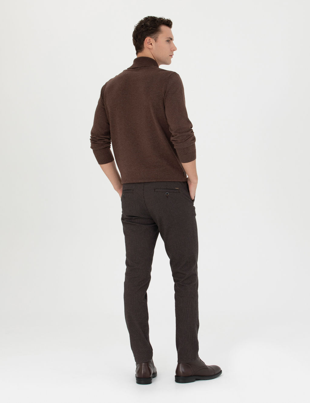 Kahverengi Slim Fit _izgili Kanvas Pantolon