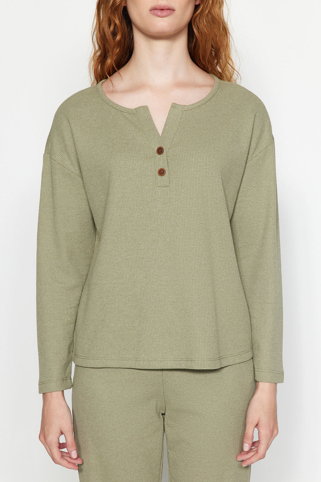 Trendyolmilla Yesil Waffle Tshirt-Pantolon Orme Pijama Tak?m? THMAW24PT00126