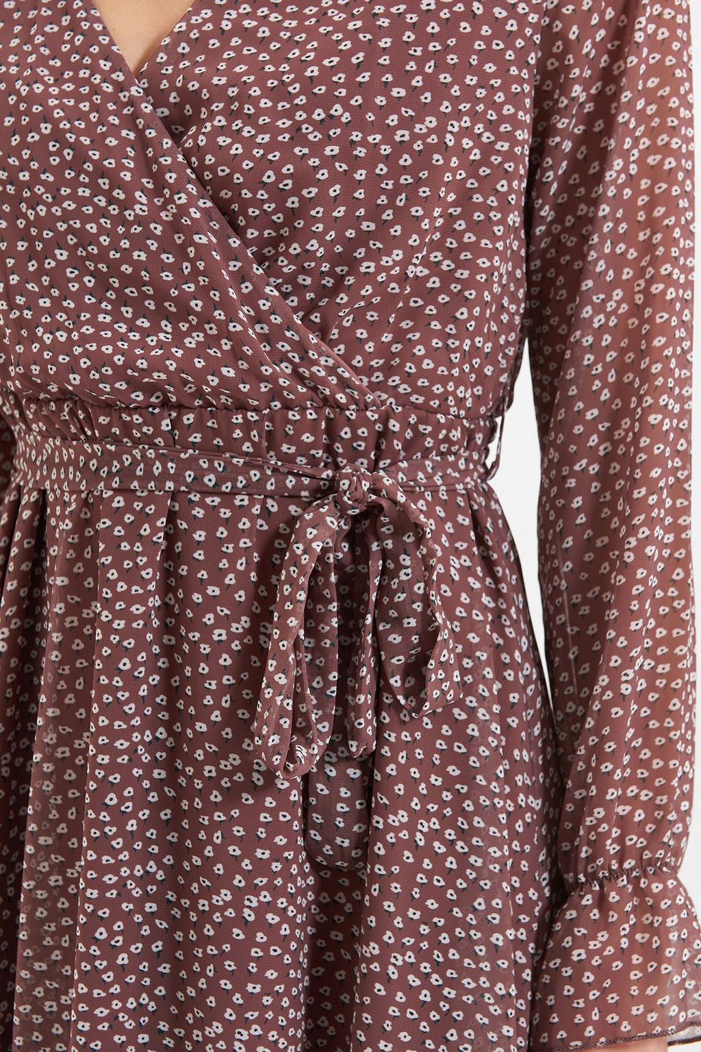 Kahverengi Kusakl? Kruvaze Astarl? Mini Sifon Dokuma Elbise TWOAW20EL1628