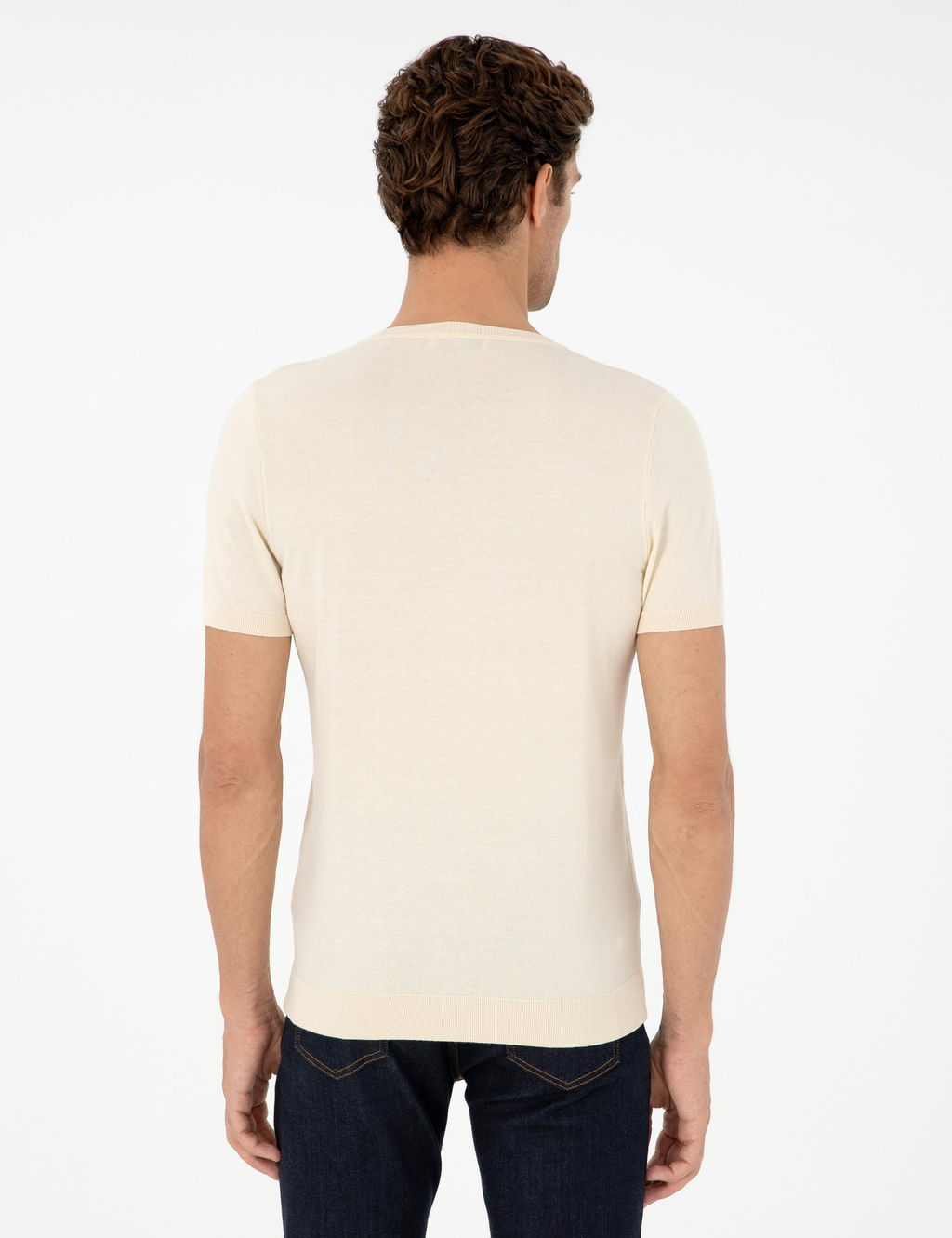Ekru Slim Fit Bisiklet Yaka %100 Pamuk Triko T-shirt