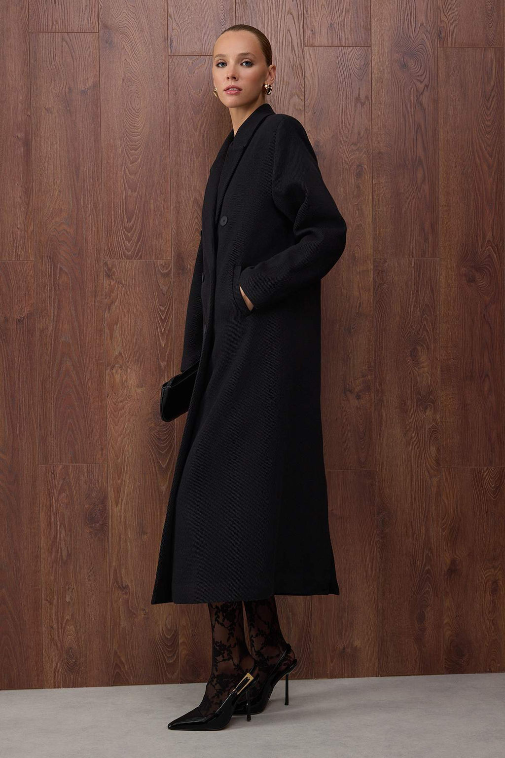 Ozel Koleksiyon Siyah Diagonel Kruvaze Oversize Maxi Kaban TWOAW26KB00045 - Trendyolmilla фото 5