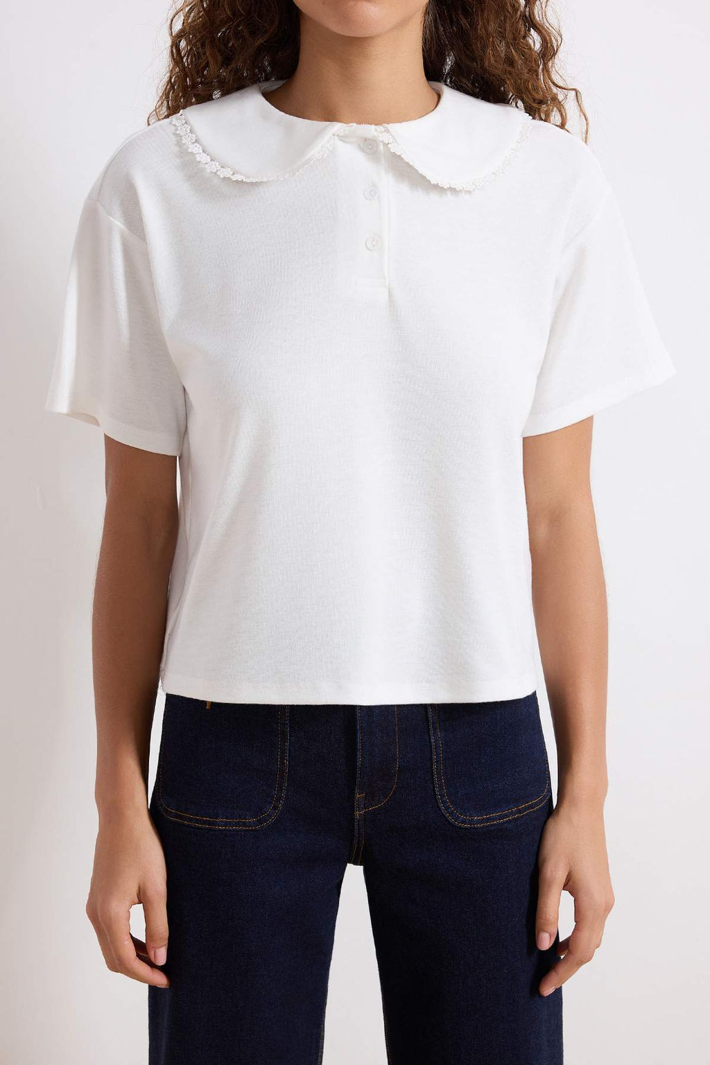 Ekru Regular/Normal Kal?p Polo Yaka Dantel Detayl? Pamuk Ribana Orme Bluz TWOSS26BZ00202 - Trendyolmilla фото 3