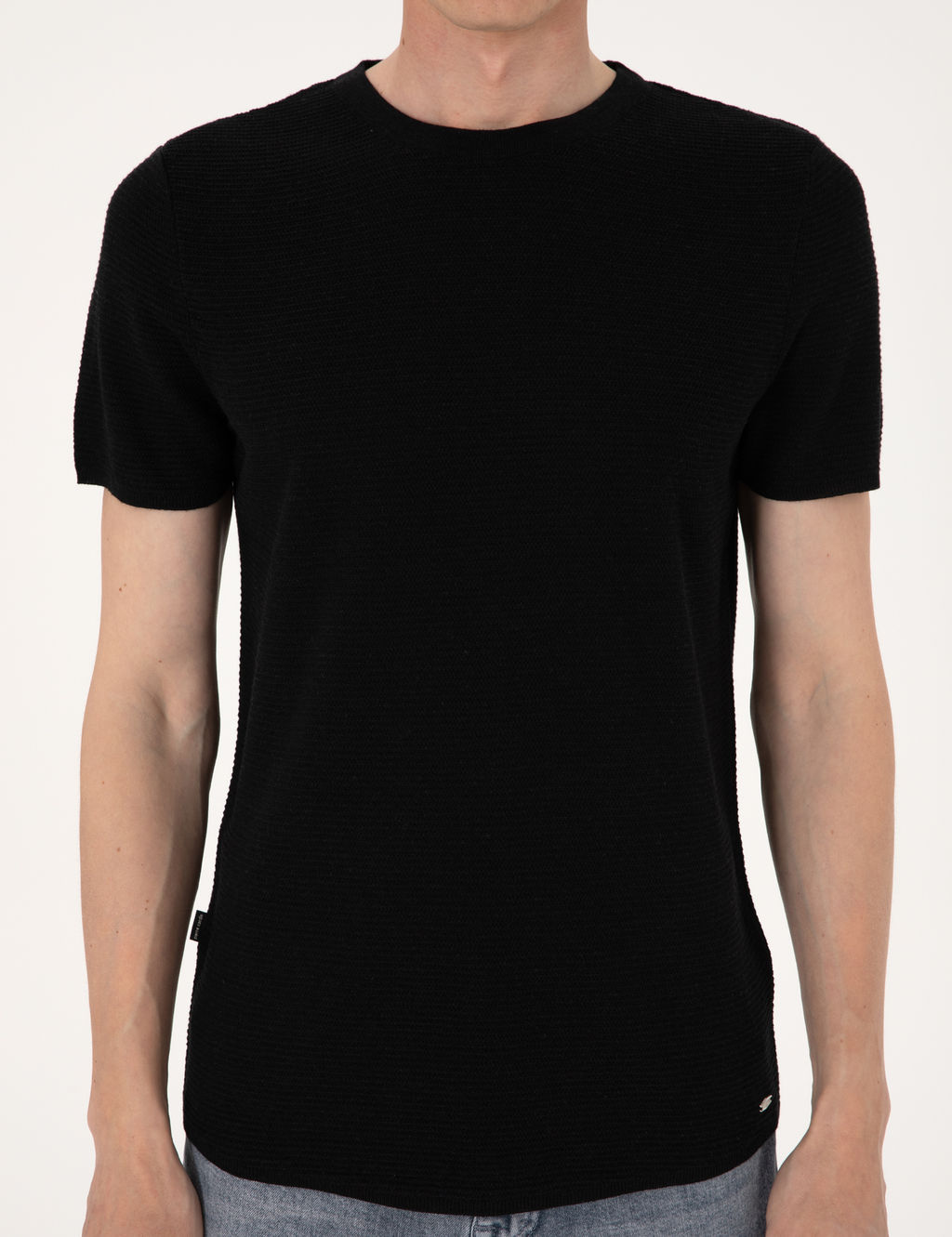 Siyah Slim Fit Keten Kar___ml_ Bisiklet Yaka Triko Ti__rt