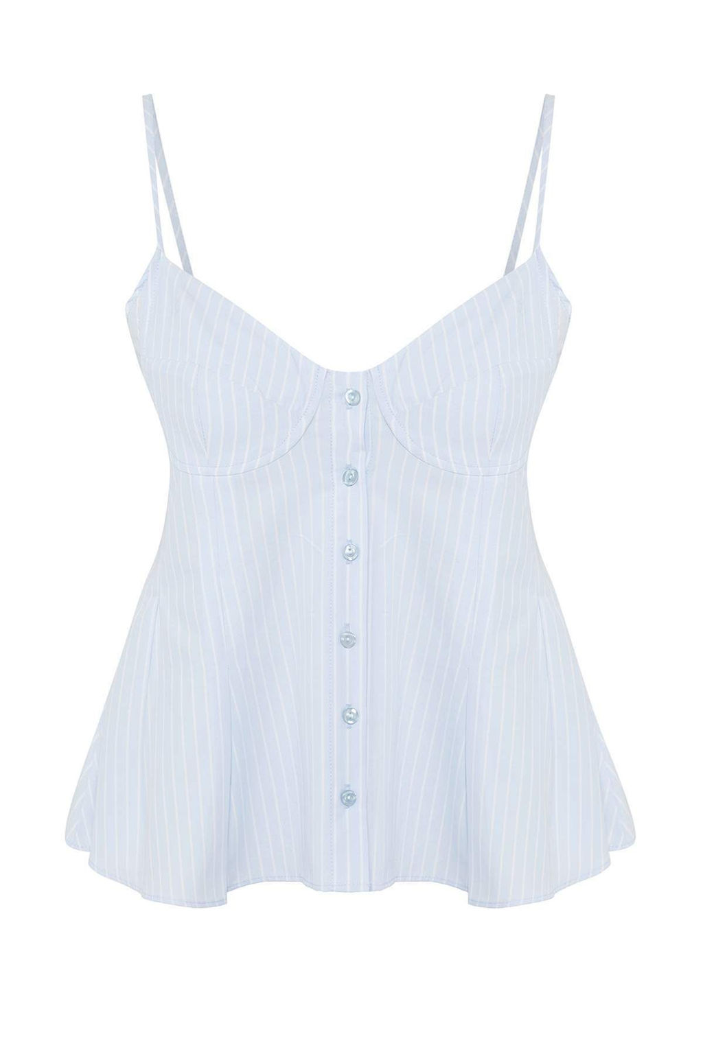 Trendyolmilla Ac?k Mavi Cizgili Peplum Ask?l? Fitted Dokuma Bluz TWOSS25BZ00552