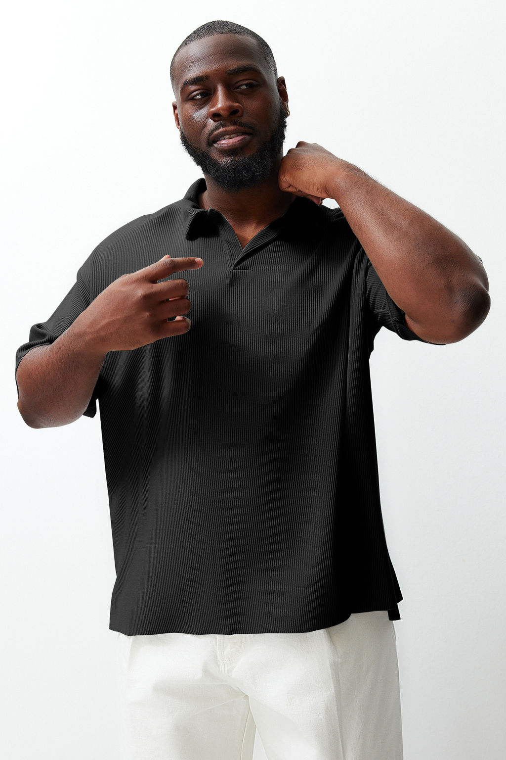 Trendyolmilla Man Premium Buyuk Beden Siyah Oversize Dokulu Ottoman Polo Yaka T-Shirt TMNSS24BF00047  фото 4