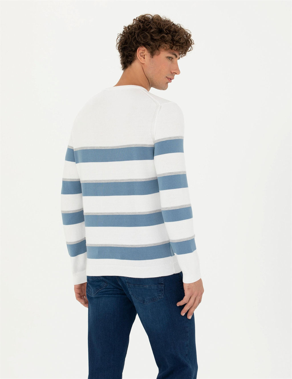 Ekru Slim Fit Bisiklet Yaka Triko Kazak