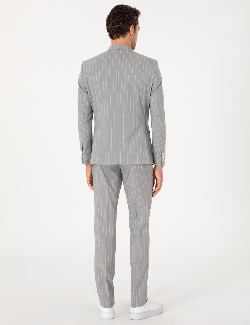 A__k Gri Slim Fit %100 Y_n _izgili Kruvaze Tak_m Elbise