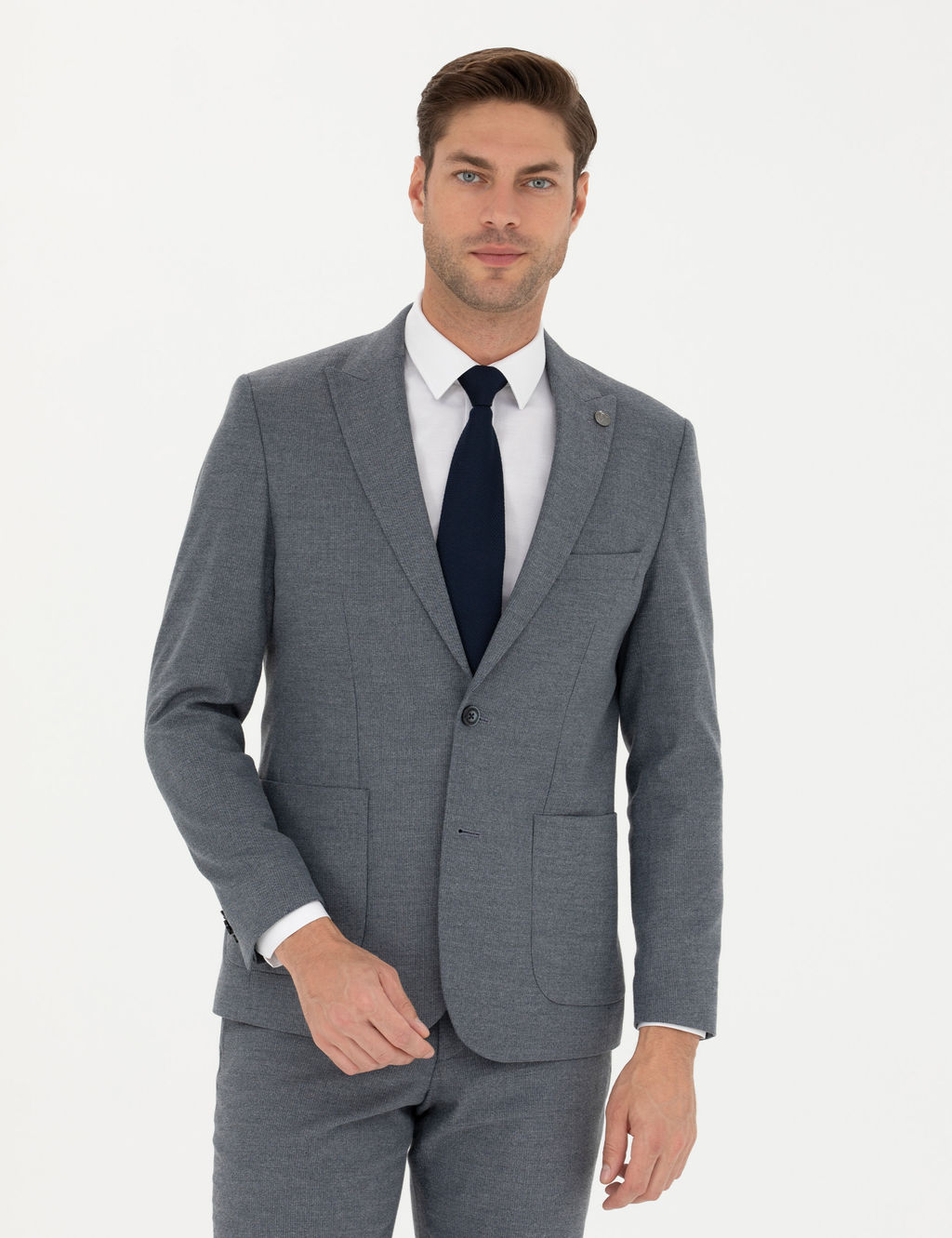 Koyu Mavi Slim Fit _izgili Tak_m Elbise