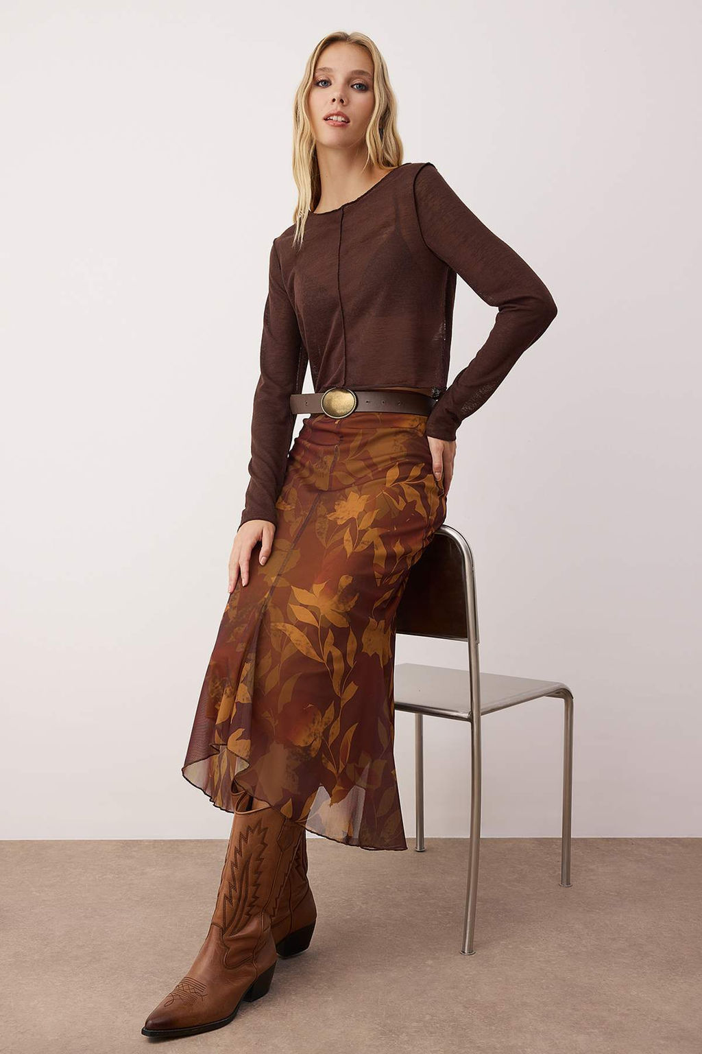 Cok Renkli Bask?l? Bodycon Tul Esnek Orme Etek TWOAW26ET00088